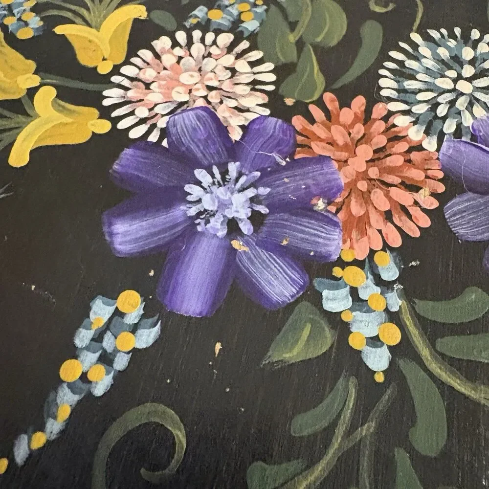 Hand Painted Tole Floral Heart Wood Plaque Black Multicolor Folk Art 8x1